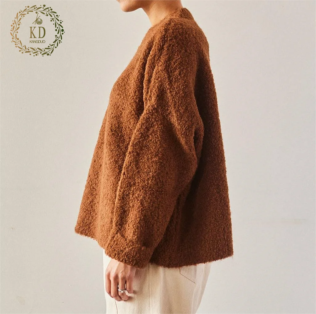 KD Knitwear Manufacturer Customizable Embroidered Jacquard Pattern Logo Round Neck Long Sleeves Boucle Yarn Women Sweater