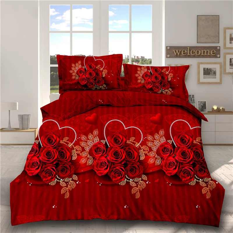 Sample Available Red Color 3D Printed Queen Size Luxury Duvet Cover Bedding Sheets Set