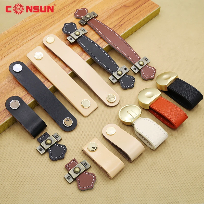 Furniture hardware Wholesale Leather Kitchen Cabinet handles, New Design Furniture Cabinets Pull Drawer knob Handle