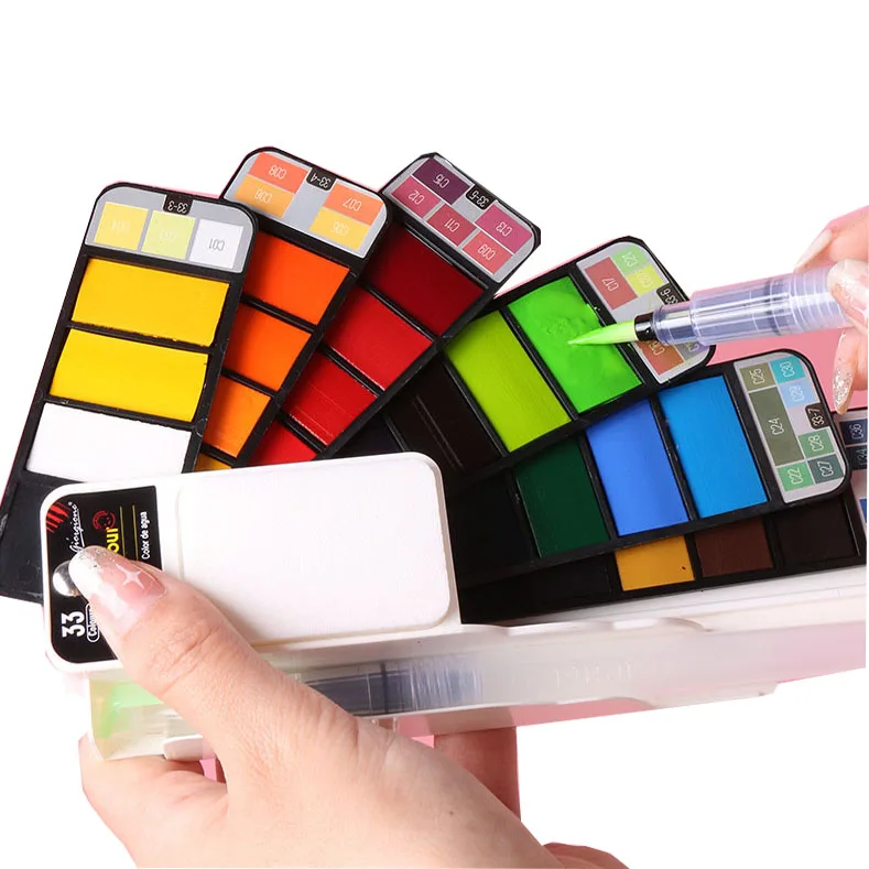 XinyiArt Artists Watercolor Cake18/25/33/42 Pocket Travel Fan Shape Solid Water Color Paint Set With Water Brush Pen