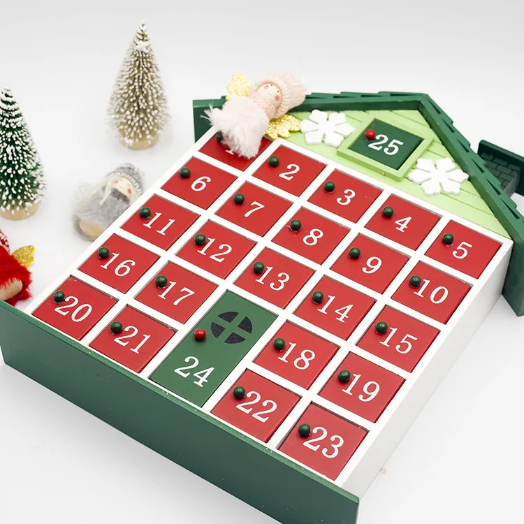 Wood Countdown to Christmas New DIY Wooden Advent Calendar Box with Drawers House Shaped Christmas Countdown Calendar