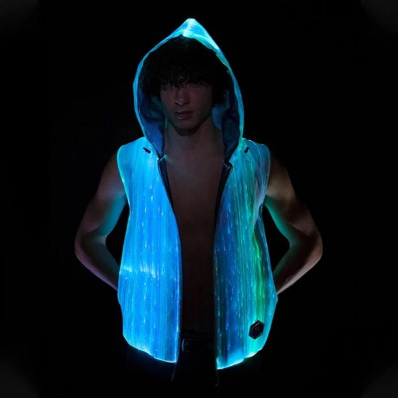 Sleeveless Hood Led Light Jacket Night Outdoor Sports Optical Fiber Luminous Flashing Glowing Jacket With Chasing Led Light