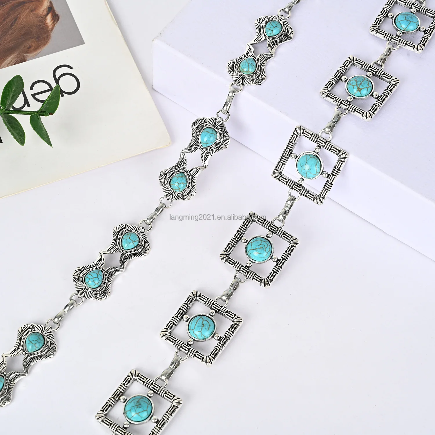 Turquoise belt ladies adjustable Metal Waist Chain Belt for Women Cowgirl Western Dresses Jeans-Waist Links Chain Belts