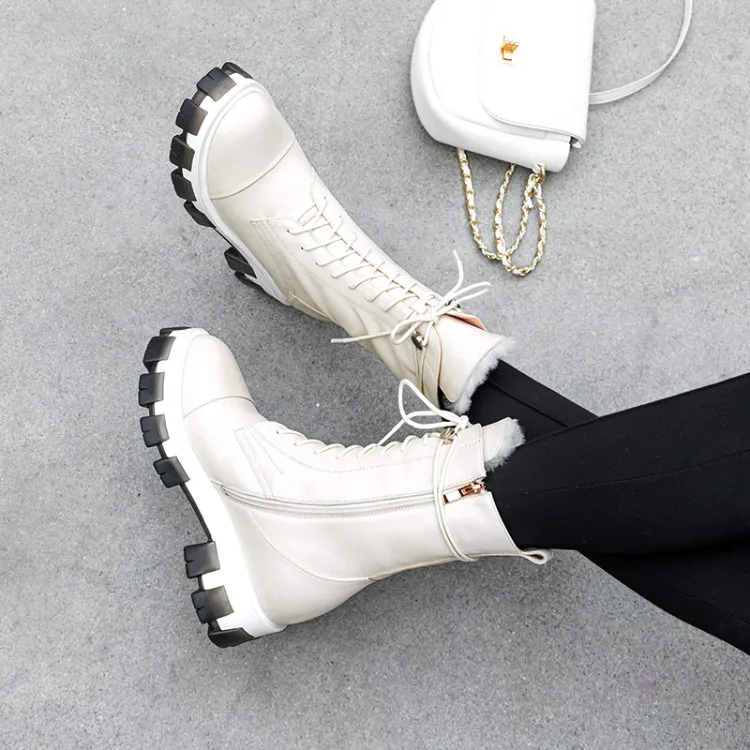 Pure wool snowshoes for women leather thick-soled lace-up boots for women plus size 40 41-43 cowhide medium boots for women