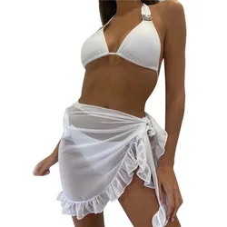 2022 New sexy women Chiffon Mini Ruffle Skirts Mesh Beach Swimsuit Beachwear Cover Up Wrap Skirt mini dress