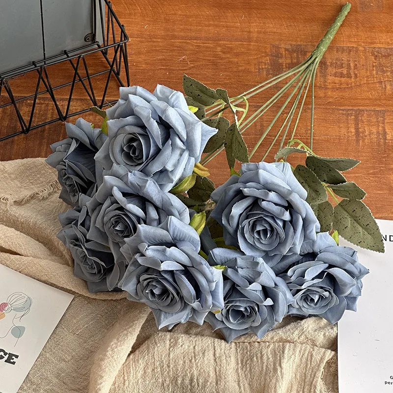 Hot Sale Silk Rose Wedding Flower Bouquet Bulk 9 Heads Silk Rose Bouquet Flowers For Bridal