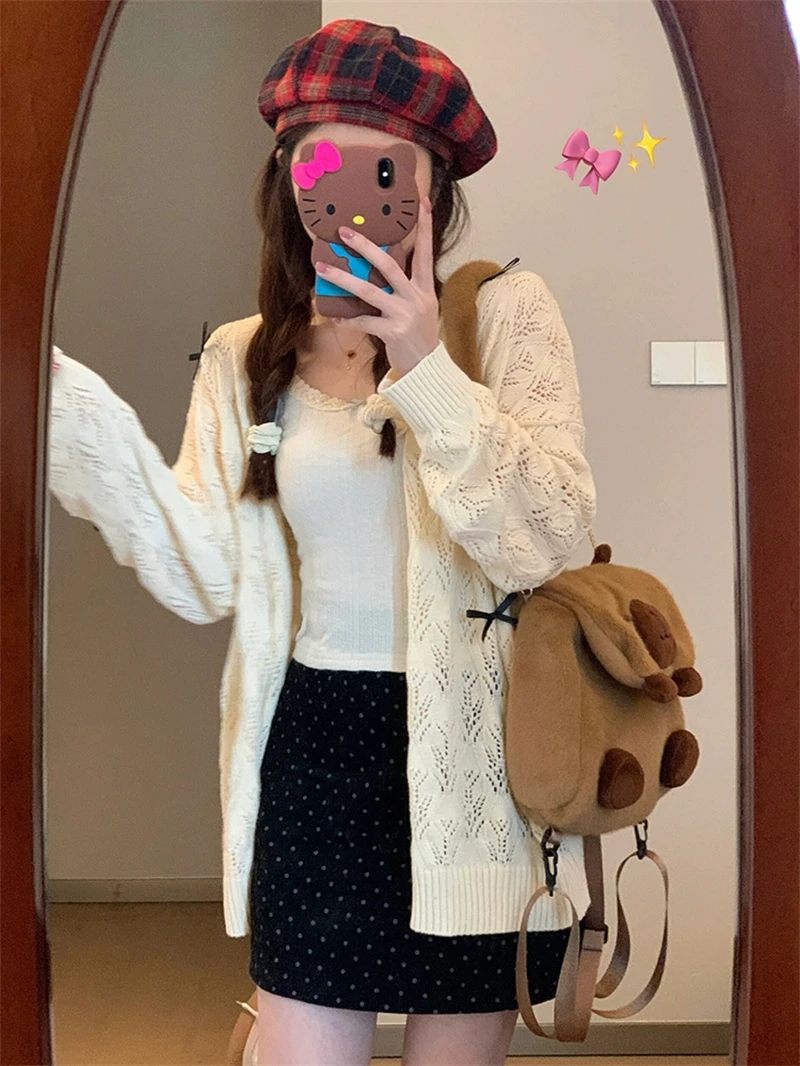 Sweet Tender Casual Elegant Solid Cardigans Loose All Match Women Grunge Sweater Japanese Fashion Hollow Out Coats Y2k