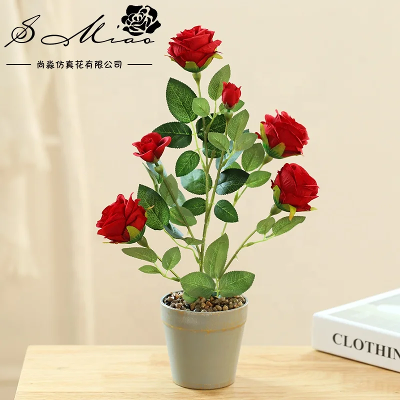 High quality artificial rose tree and gray plastic pot bonsai home decor