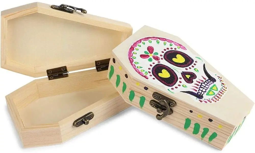 Ecofriendly Miniature Unfinished Natural Wood Craft Coffin Box with Hinged Lids Wooden Funeral Coffins for Halloween Parties