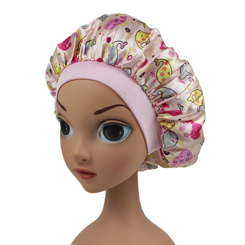Quality Satin Printed  Hair Sleeping Bonnets Braid Kids Bonnets Kids child Satin Bonnets