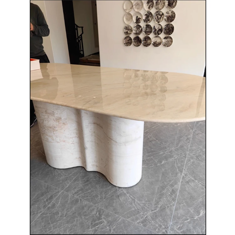 Hotel luxury home design stone pillar column table furniture travertine dining table marble dinning table set