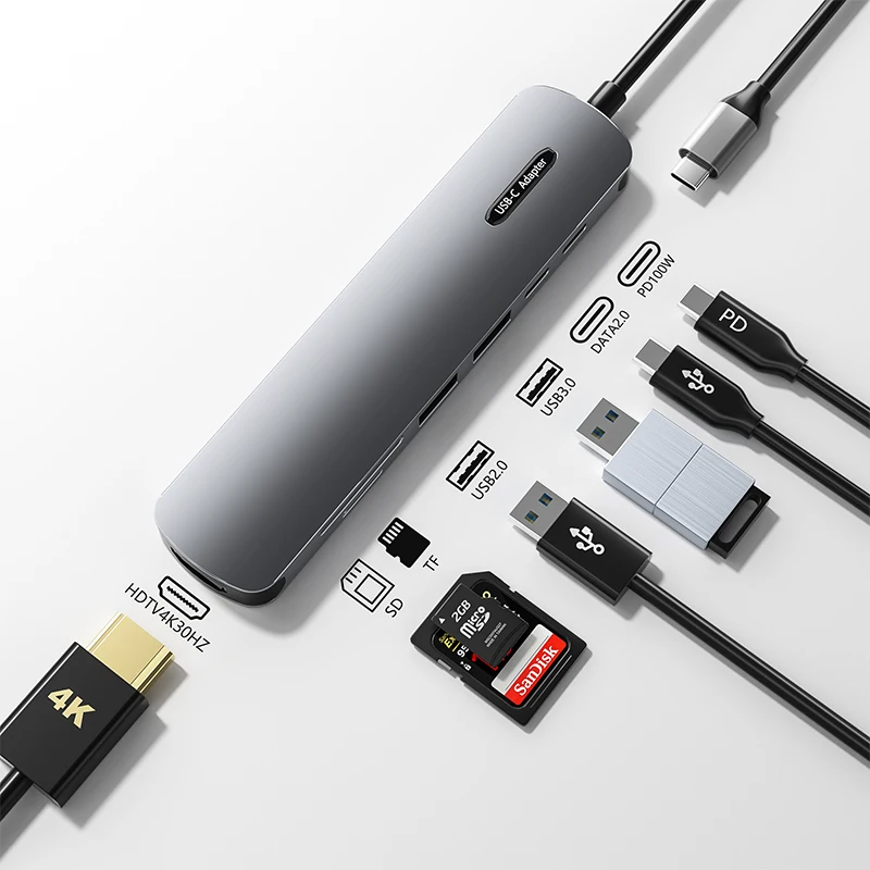 Usbc Hub Type-C 7 Ports  Pd3.0 100W Usb3.0 Tf Sd Card Reader 4K Laptop Docking Station 7 In 1 Dock Dual Usb C Hub Usb C Hub