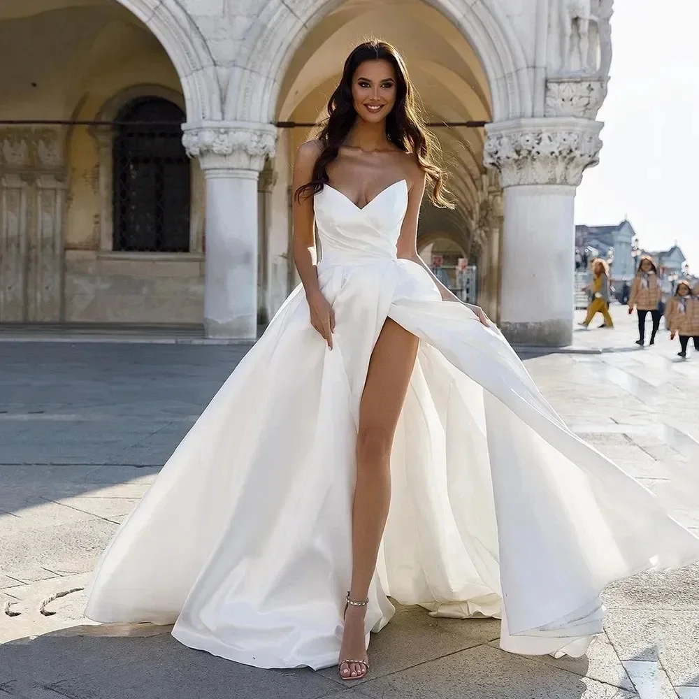 Pleat A Line Wedding Dress 2024 Side Slit Vestido De Noiva Satin Appliqued Women V Neck Bridal Gown Bridal Party Gowns Custom