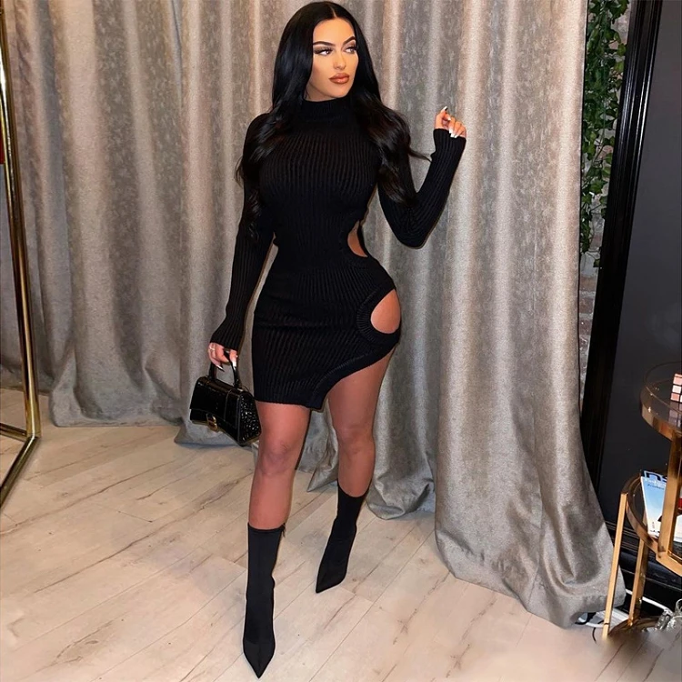 2022  fashionable ladies hollow out long sleeve knit bodycon modest mini slim spring dress