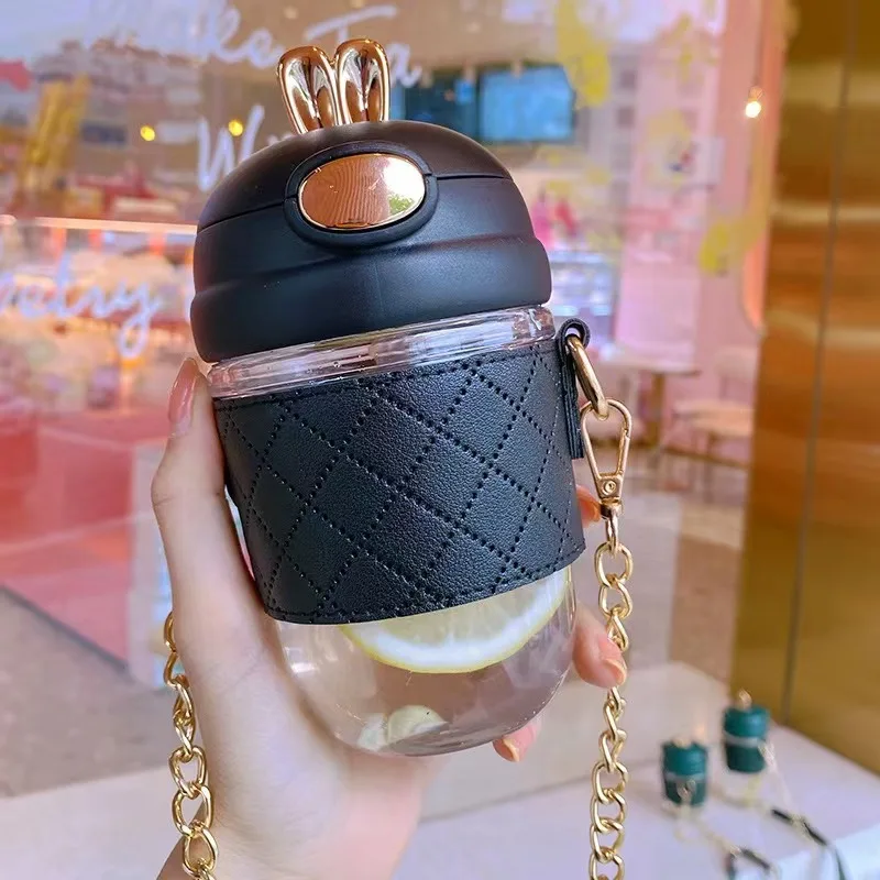 380ml 580ml cute rabbit ear Plastic water bottle Cup ins girl kids portable plastic bottle with straw pearls metal chain strap