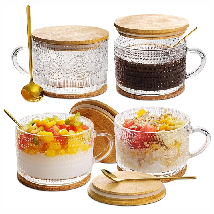 Premium Hobnail Glass Cups with Bamboo Lid Coffee Bar Accessories Vintage Overnight Oats Jar Coffee Mugs Set