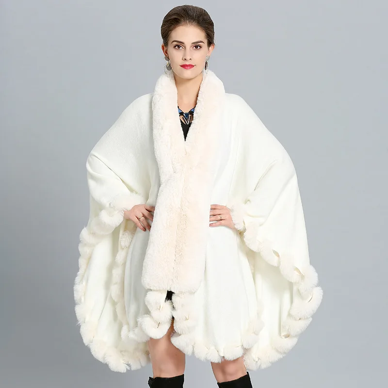 High quality England style wool coat women faux fox fur collar cuff ladies winter loose warm fur poncho