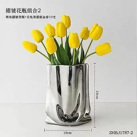 Custom logo creative pleated ceramic vase electroplated silver vase for home wedding office decor