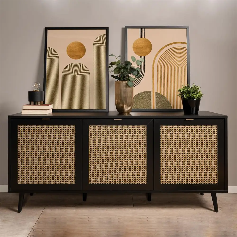 3 door wood and rattan buffet sideboard