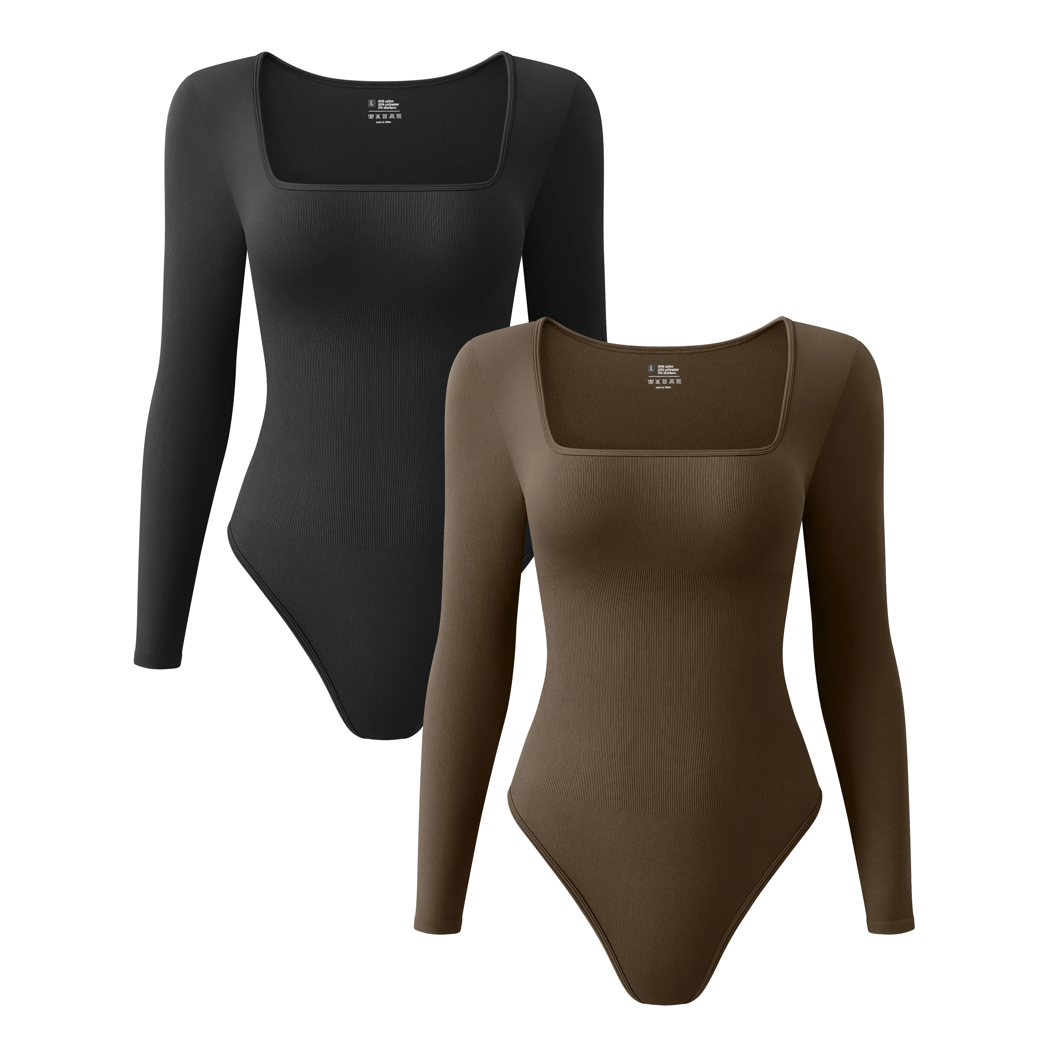 New Arrivals square collar long sleeve bodysuits for women seamless ribbed fitness bodysuit