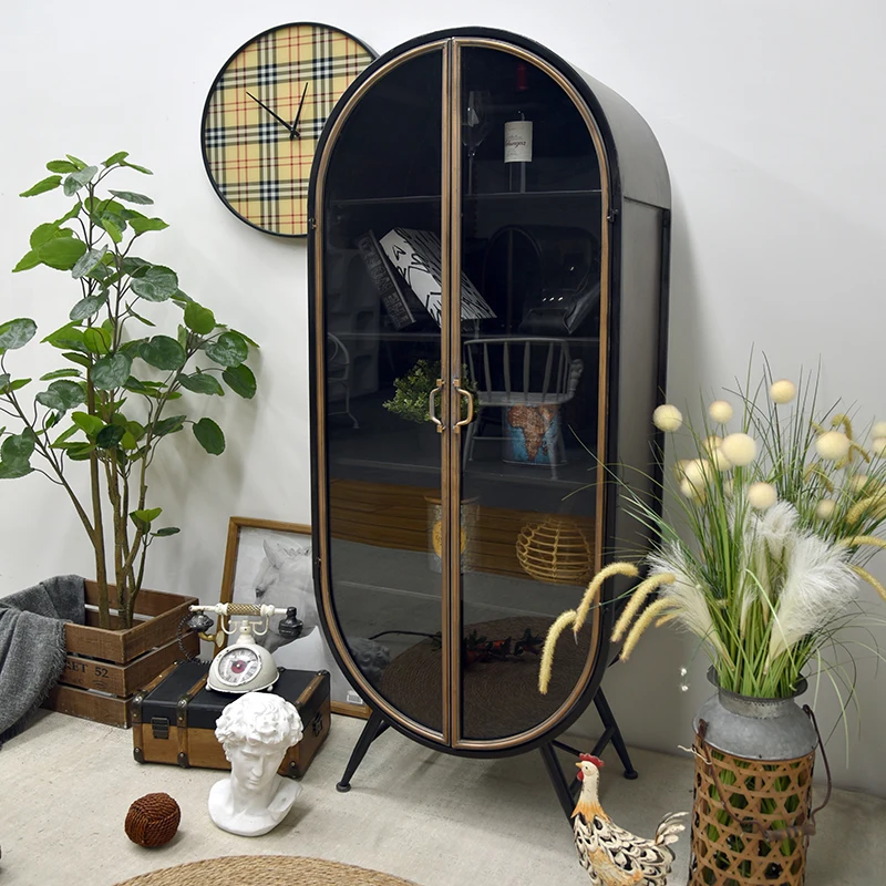 INNOVA Farmhouse Vintage Industrial Storage Furniture Accent Arched Glass Door Black Metal Display Side Cabinet For Living Room