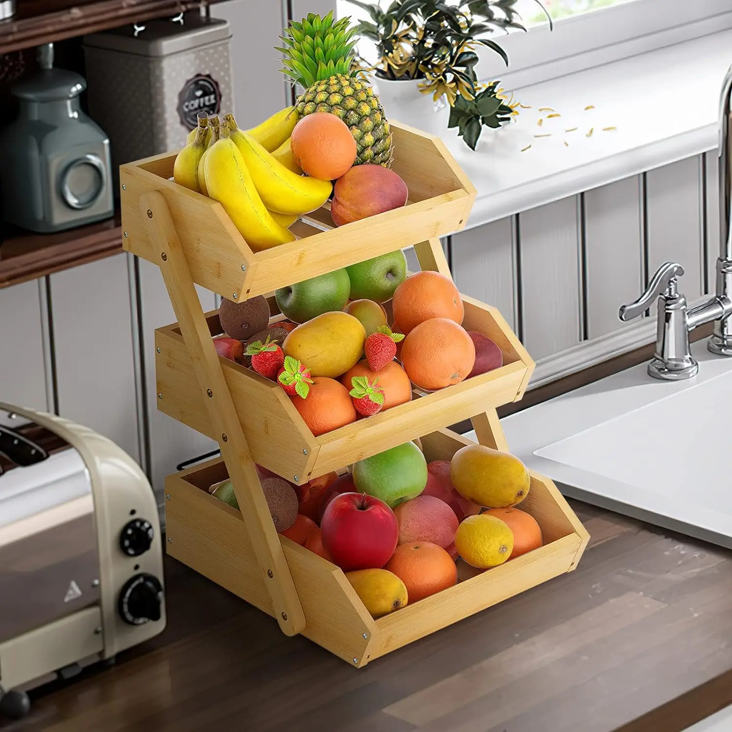 Large 3 Tier Bamboo Fruit Basket Stand for Kitchen Countertop Fruit Holder Perfect for Bread Vegetables Produce Home Storage