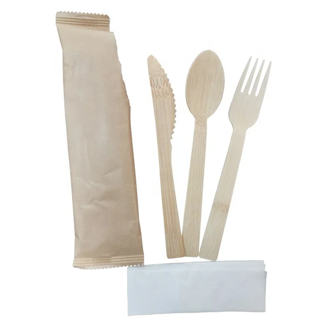 High Quality Kraft Paper Wrap Disposable Spoon Fork Knife Bamboo Set Cutlery