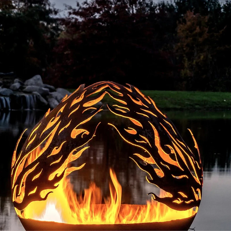 Laser cut hollow metal fire pit ball outdoor corten steel gardening decoration Fireball