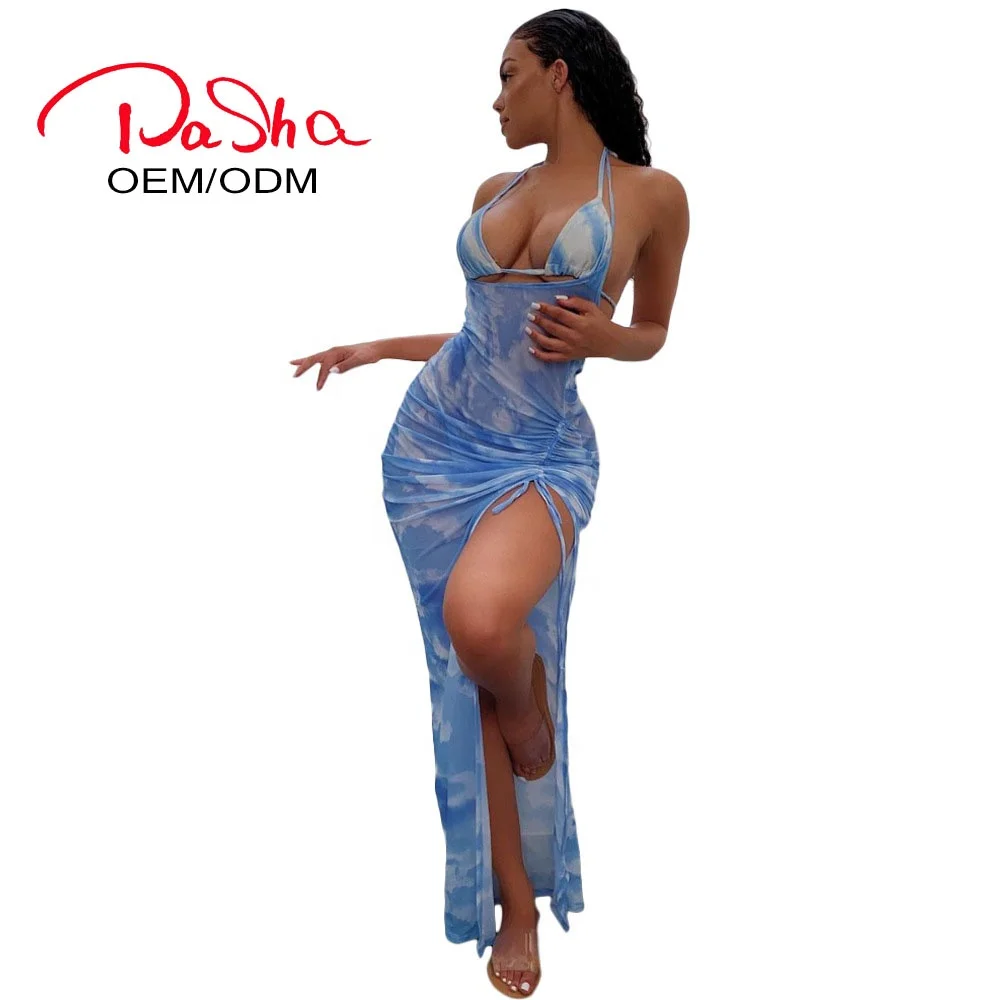Сетка сексуальное платье, бодикон, с рисунком, пляжные с повязкой через шею, бикини, купальник, 3 предмета для женщин