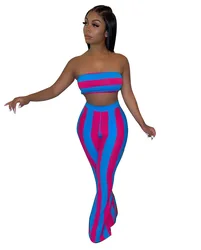 2022 New Arrival 2 Piece Set Women Off Shoulder Wrap Chest Flared Pants Patchwork Colorful Striped Suit For Women