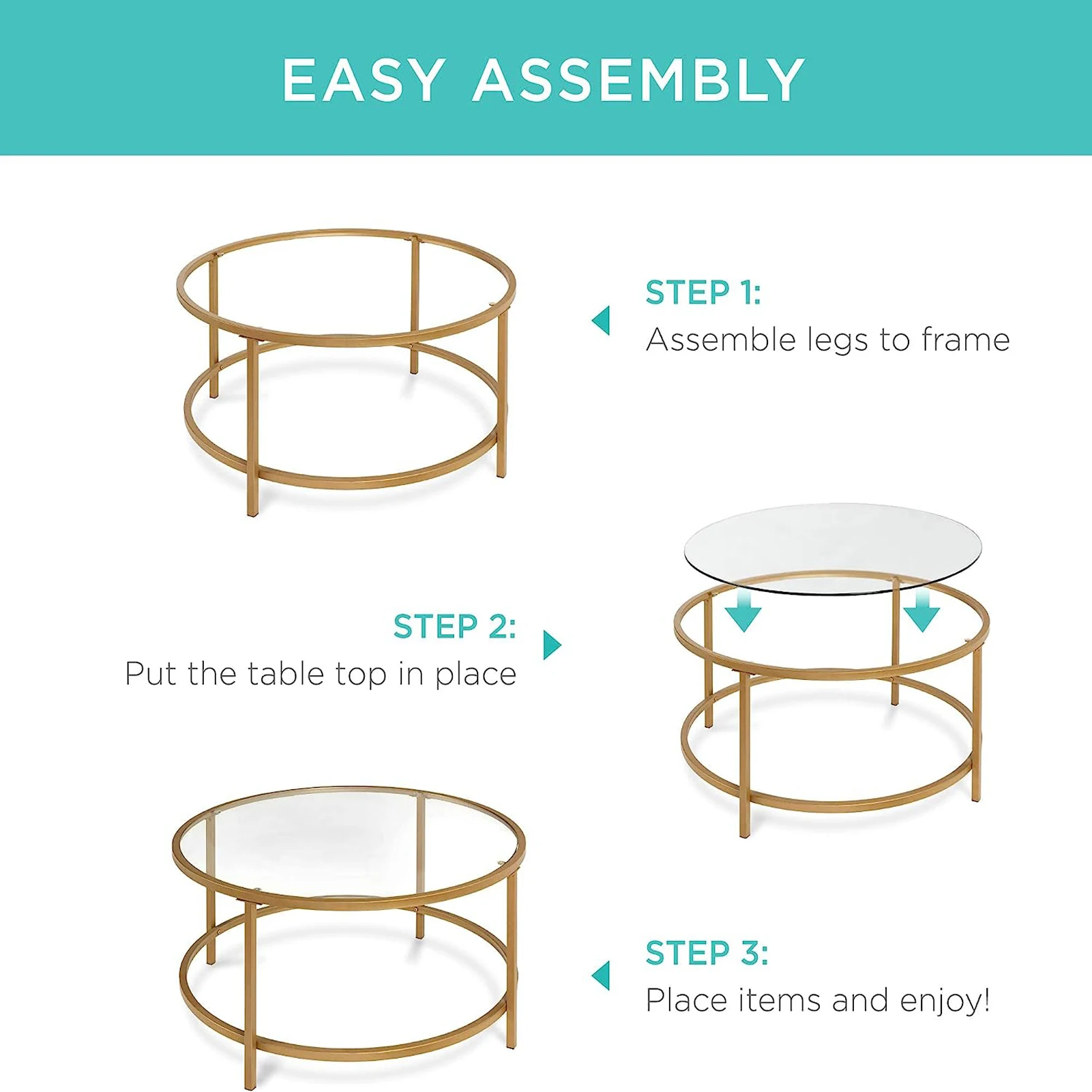 36in Modern Round Tempered Glass Accent Side Coffee Table for Living Room  Dining Room Tea Home Decor w/Satin Trim Metal Frame