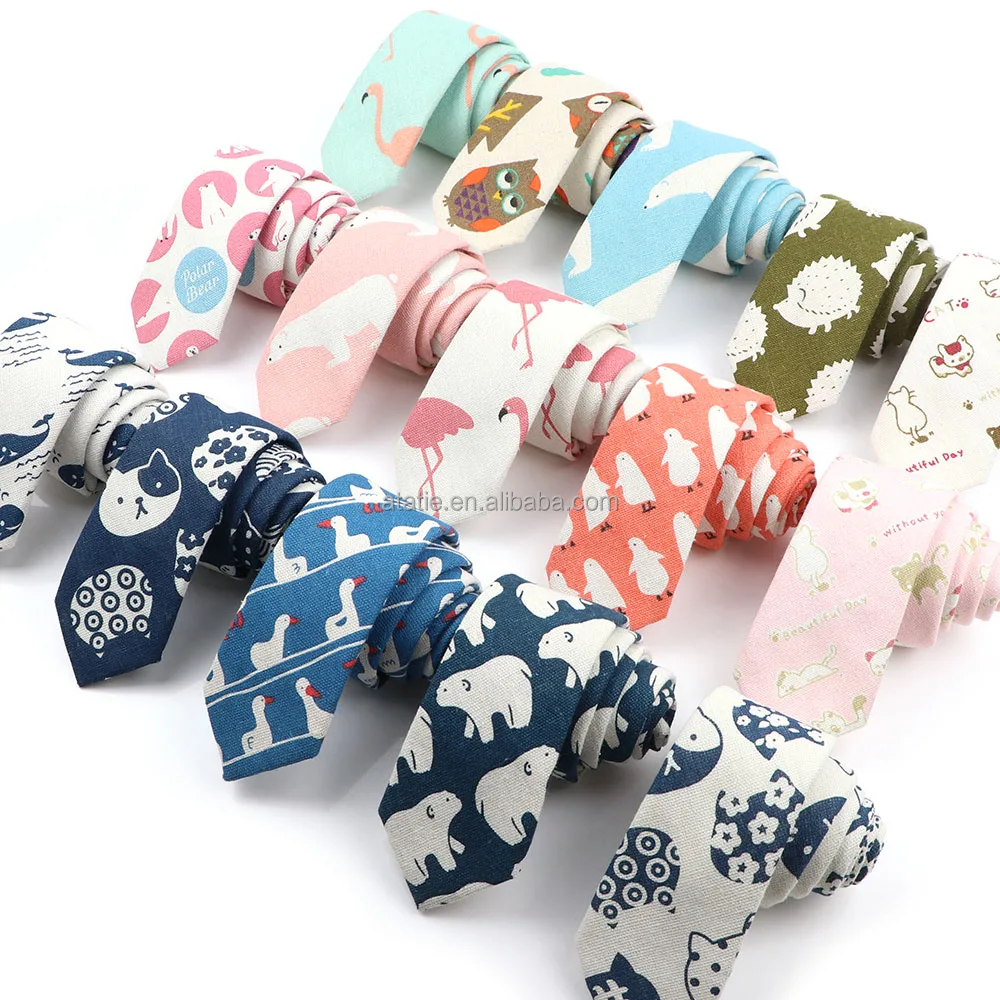 Cute Linen Cartoon Duck Cat Bear Tree 6cm Printed Funny Animal Tie For Men Narrow Striped Slim NeckTie Gifts Cravat Accessories
