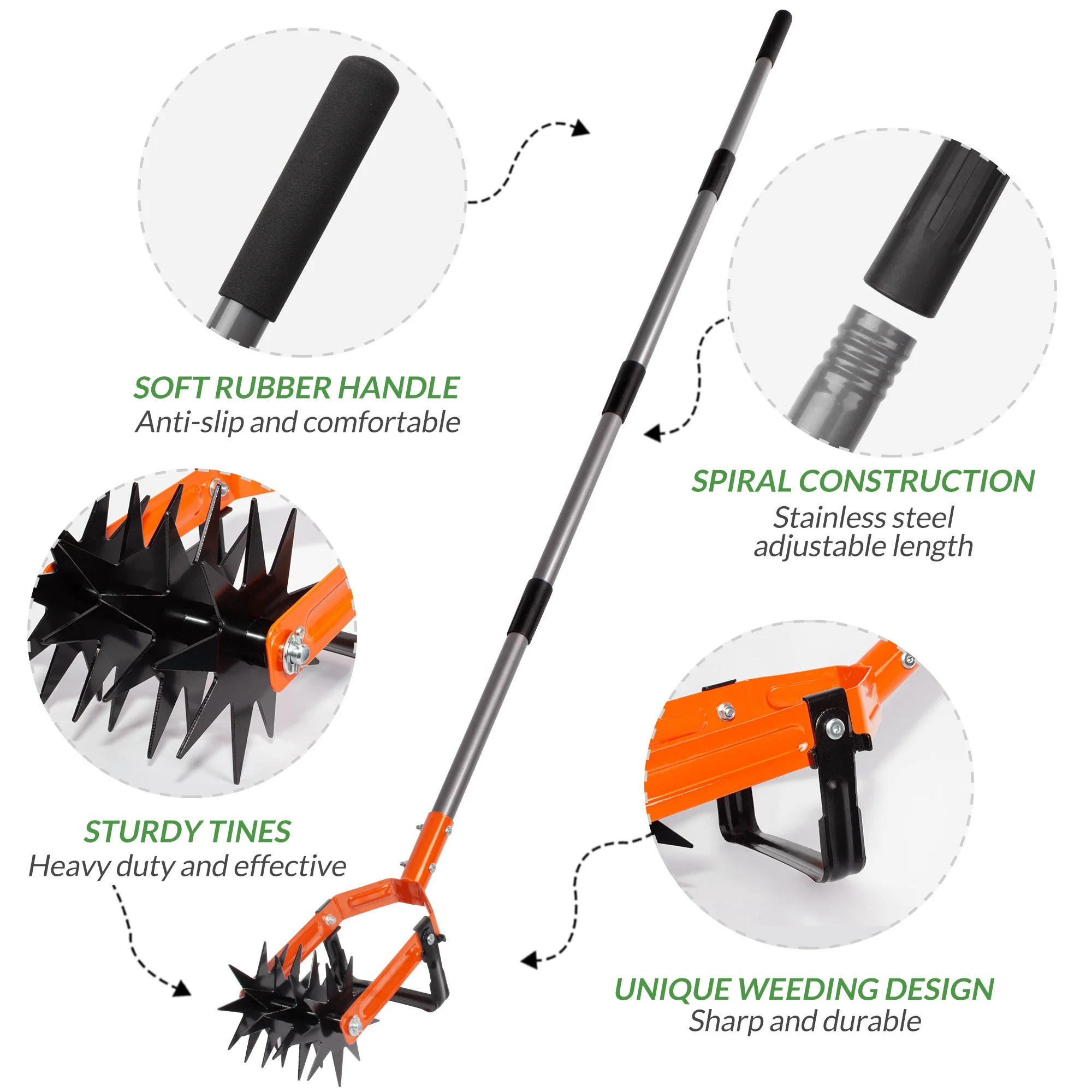 Buy-Wish Rotary Cultivator Tool Adjustable Garden Hand Tiller with Stainless Steel Pole Garden Weeder hand toos