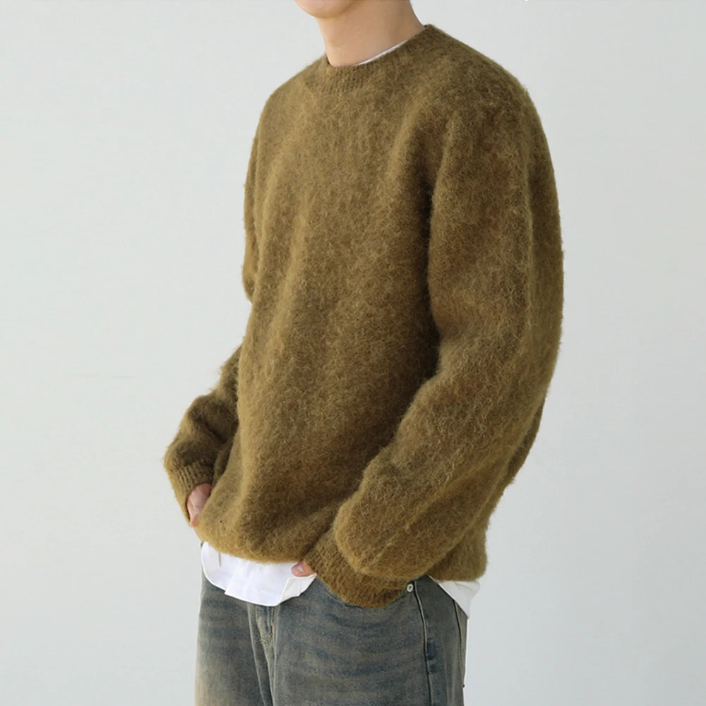 OEM Fashion Chunky Male Knitwear Jumper Custom Patterns LOGO Men Winter Crew Neck Oversize Pullover Fuzzy Mohair Knit Sweater