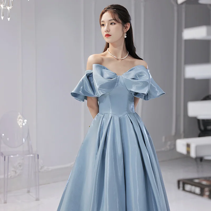 ZX-665 Solid Pleated Flare Midi Dress Women Backless Blue Bow evening dress Birthday Party Bridesmaid Semi Formal Dress