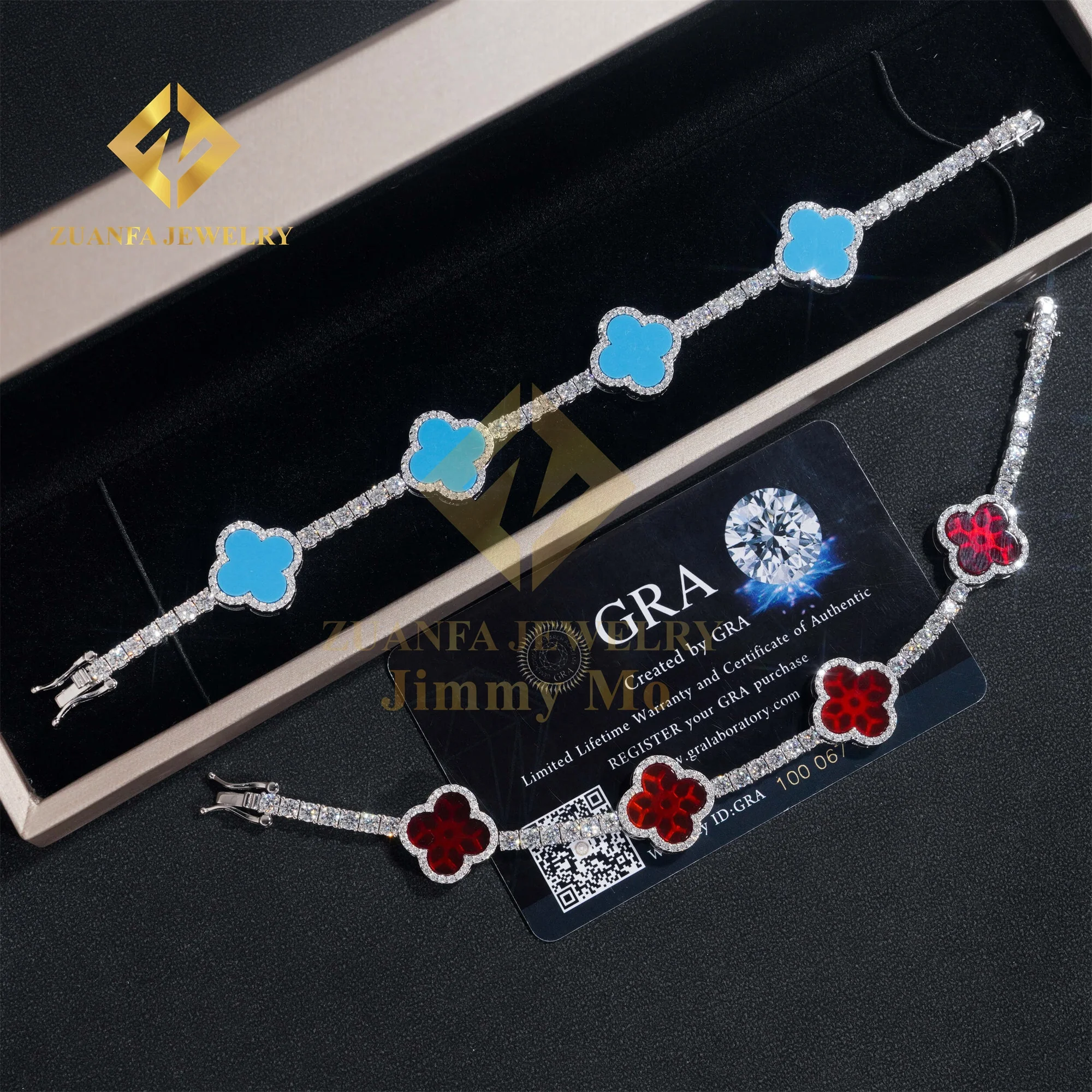 Unique Popular 3mm Iced Out Hip Hop Jewelry S925 Silver VVS1 Moissanite Diamond Four Cleef Clover Leaf Cluster Tennis Bracelet