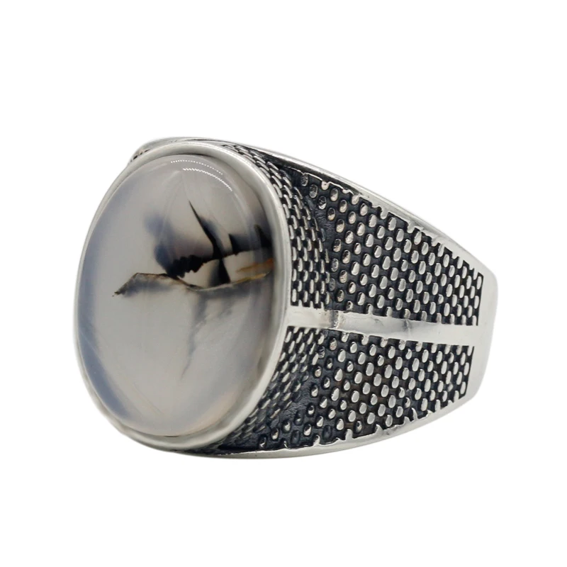 Factory Genuine S925 Thai Silver Natural Agate Stone Ring,Retro Punk Style Oxidized Onxy Silver Fashion Ring for Male