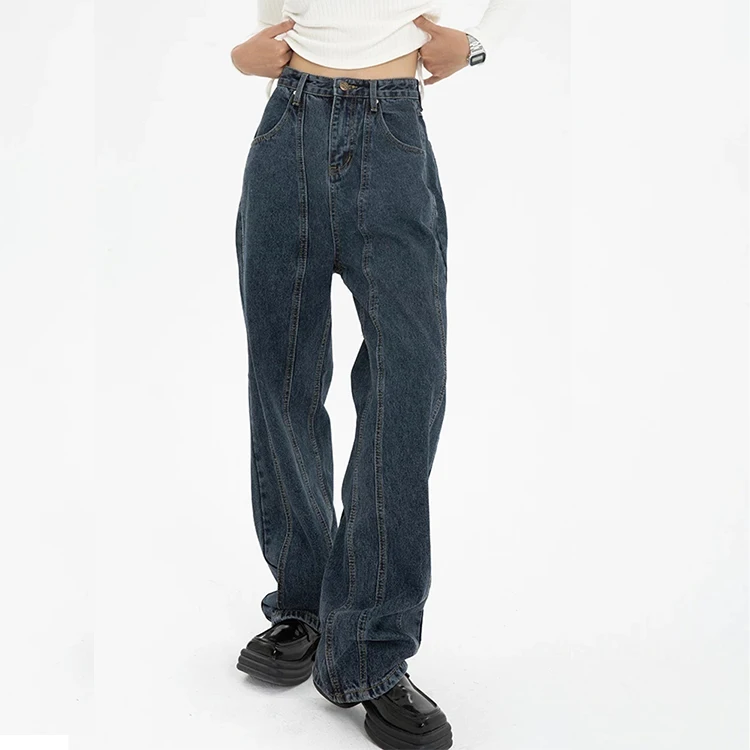 High Waist Jeans Vintage Custom Logo Baggy Dark Blue Straight Pants Wide Leg Denim Jeans