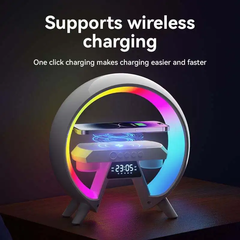Wireless Fast Charging Dock Station Bluetooth Speaker Alarm Clock Desk Lamp RGB Colorful Light Charger for Smartphone