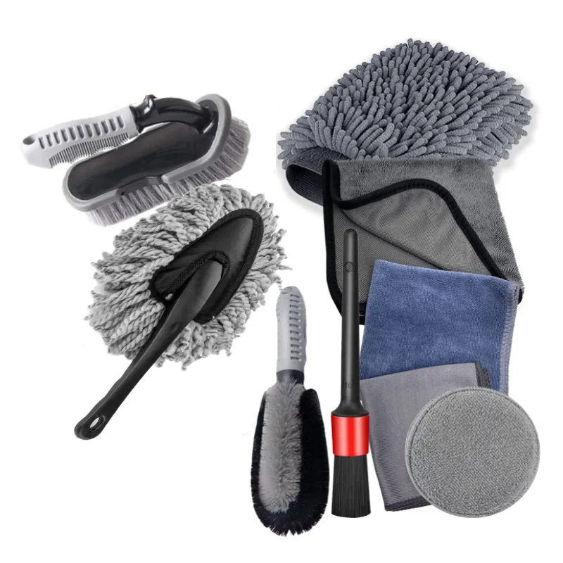 9 Pcs Car Wash Microfiber Towels Set Tire Brushes Car Cleaning Kit Set for Exterior Interior Cleaning Tools