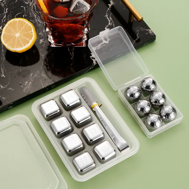 Reusable Custom Whiskey Stone Glasses Men Gift Box Set Cube Shape 304 Stainless Steel Ice Cubes Whisky Ice Stones Chilling Rocks