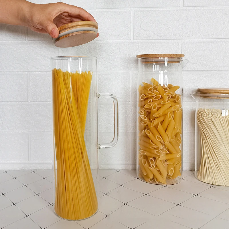Large capacity glass storage jar custom kitchen glass food storage container glass spice jar with bamboo lids for Spaghetti