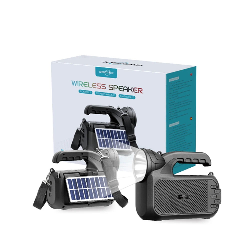 Anti-fall Flashlight solar powered bass stereo wireless BT speaker FM radio portable wireless solar charging torch speaker