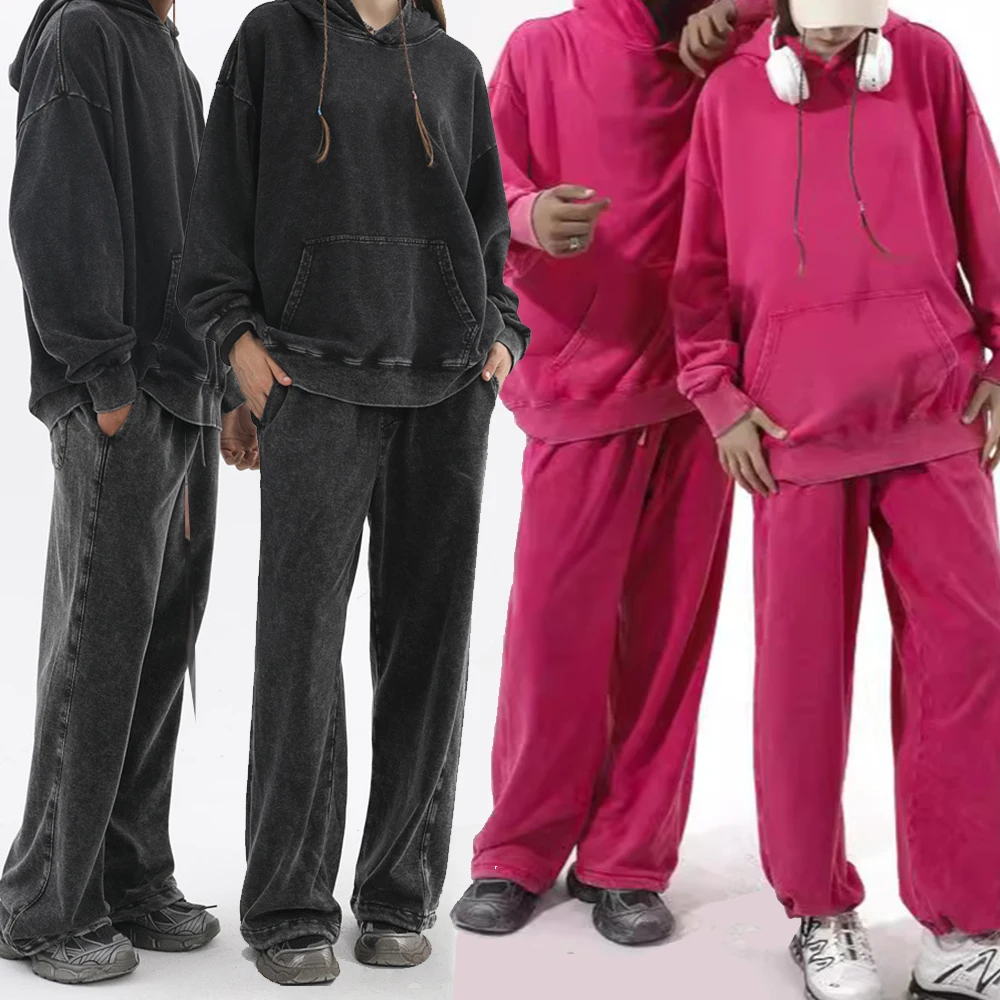Manufacturers Wholesale Heavyweight Blank Premium Black Men Acid Washed Oversized Hoodies Sweatshirts Stonewashed Sweatpants Set