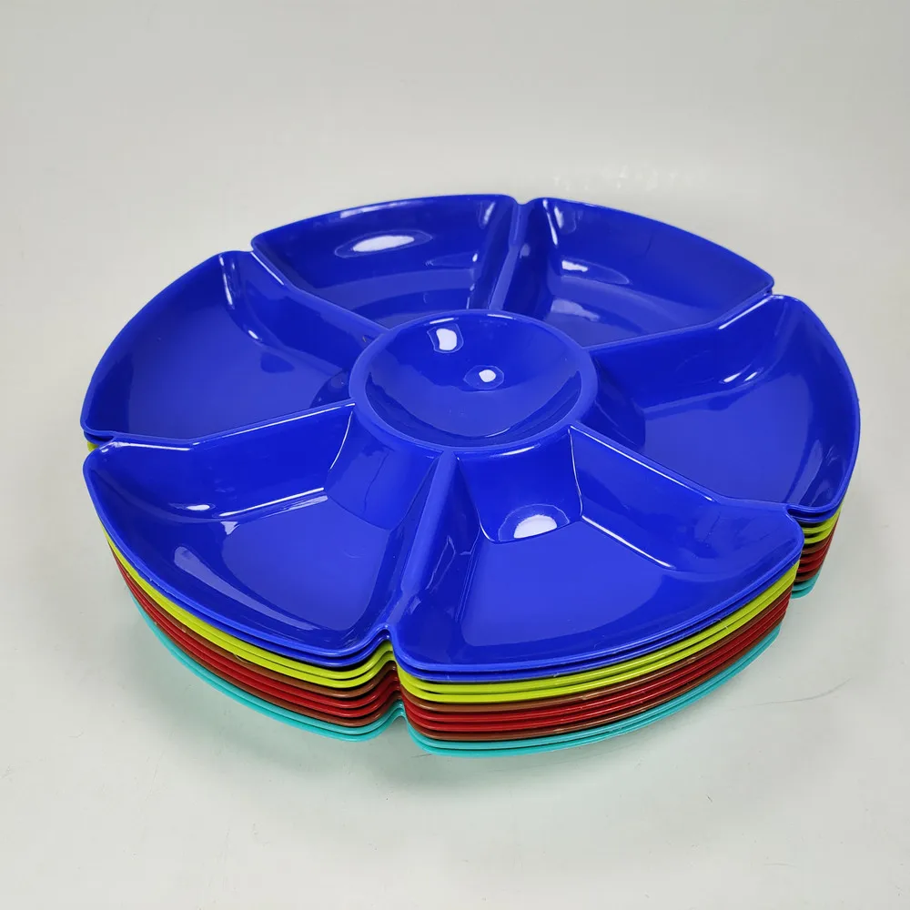6 Pcs Plastic Divided Serving Trays with  Compartments Round Appetizer Tray Snacks Serving Dish Food Serving Dip Platter