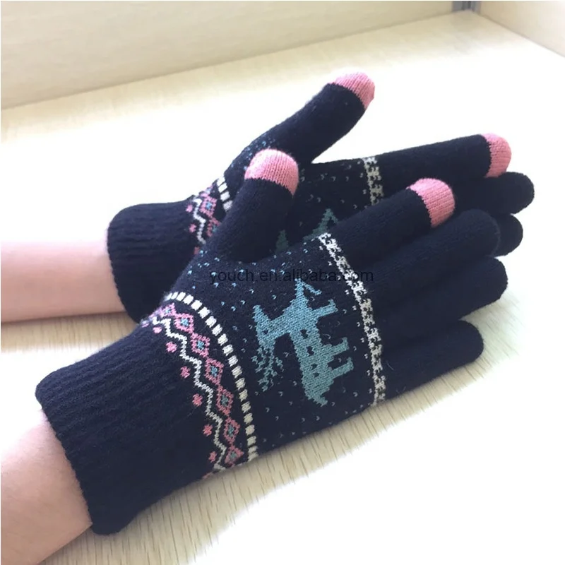 Jacquard Weave Deer Design Winter Warm Assorted Touchscreen Gloves Knitted Mittens for Sports & Cycling Accepts Custom Design