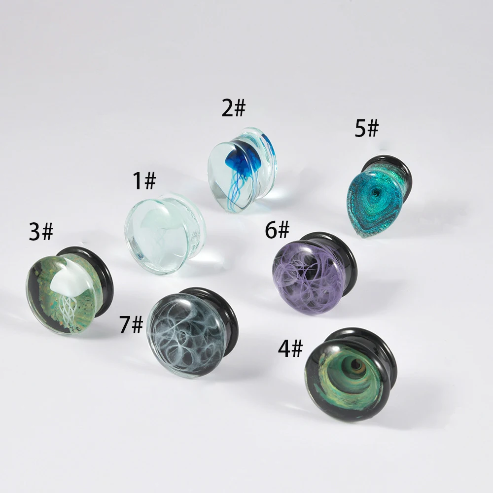 Wholesale Glass Jellyfish Swirl Clear Oil Painting Vortex Ear Plugs Ear Tunnels Gauges Lobes Piercing Jewelry for Women Men