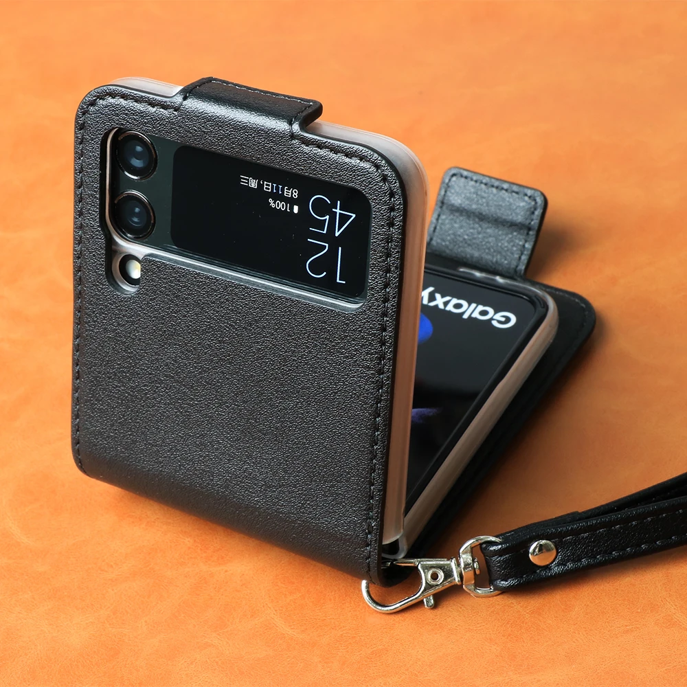 Leather Card Slot Phone Case for Samsung Z Flip 3 Hard PC Protective Cover For Galaxy Z Flip3 5G SM-F711B Ultra Slim Phone Case