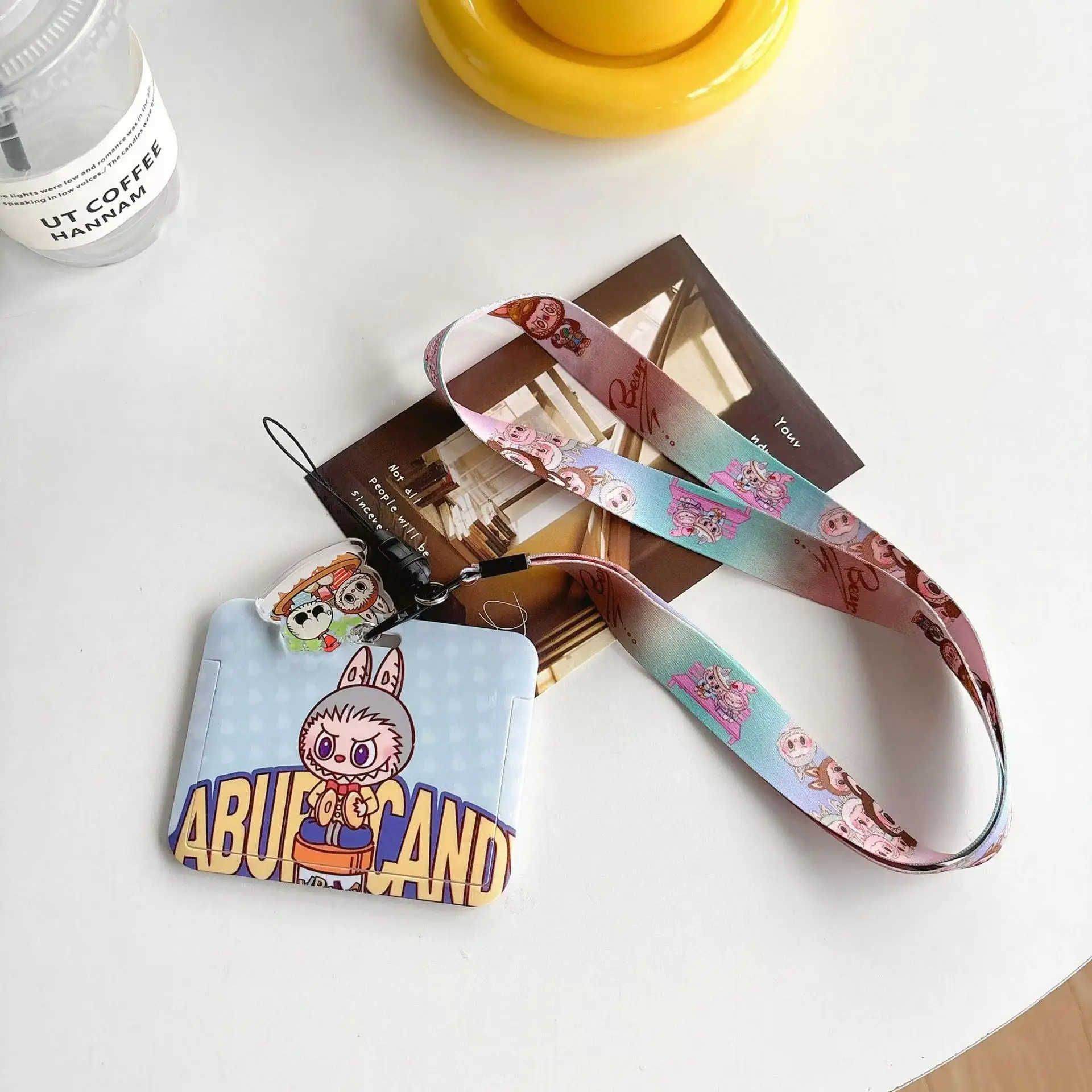 6 designs crosswise Anime labubu Campus Card Holder set Protective Sleeve Hanging Neck Rope Card Cute Campus Meal Card Lanyard