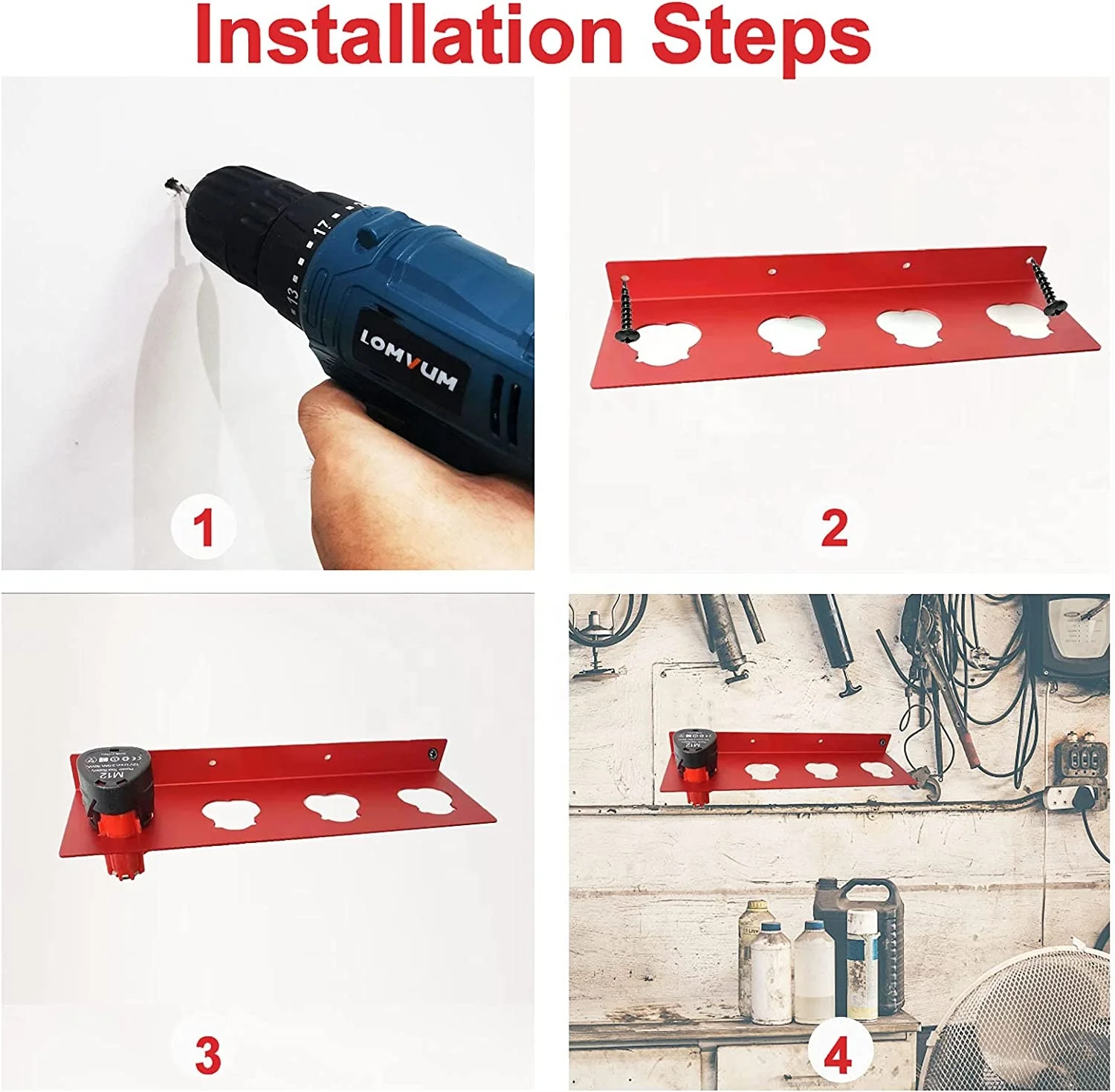 Battery Holder for Milwaukee M12, 4 Slot Metal Battery Storage Bracket, Milwaukee 12V Battery Wall Mount Bracket
